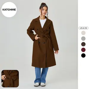 KatchMe Women's Classy Solid Color Double Breasted Detachable Belted Pocket Pea Coat, Fall & Winter Casual Long Sleeve Outerwear with Lined