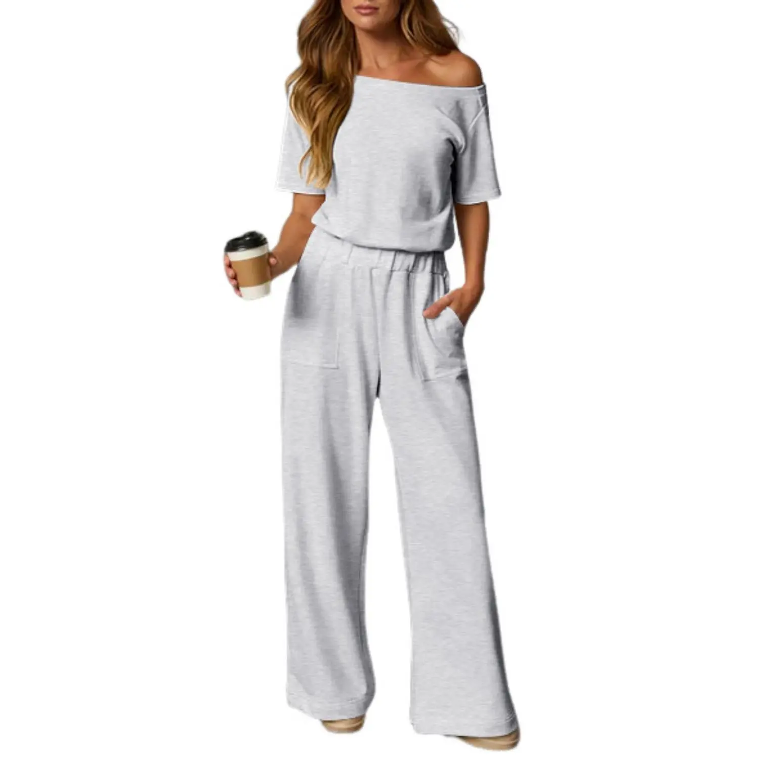 Fisoew Womens Heather Off-Shoulder Wide Leg Jumpsuit Short Sleeve Back Cutout Casual Loose Fit One-Piece Romper for Daily Wear & Loungewear Womenswear #SummerVibes, Chic, Style,sohochic