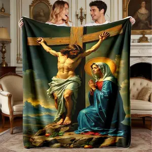 Ultra Soft Flannel Blanket, Premium Fuzzy Bedspread, Lightweight Multi-Use Throw, Jesus Cross & Madonna Print, Ideal Home Accessory
