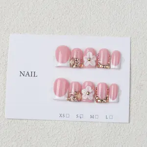 10 Pcs Short Square French Nail Tips, Nude False Nails, Rhinestone Decor, Glossy Finish, Perfect for Daily & Party Wear