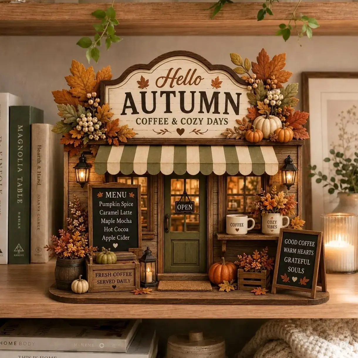 Autumn Coffee Shop Shelf Sitter, Fall Farmhouse Coffee Bar Decor, Rustic Pumpkin Wooden Storefront Sign, Cozy Autumn Tiered Tray Decor