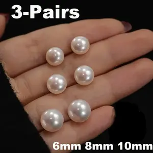 3Pairs 6mm/8mm/10mm Women Pearl Stud Earrings Minimalist Casual Pearl Stud Earrings Jewelry Wedding Party Mother's Day Perfect Gift Classic Pearl Earrings