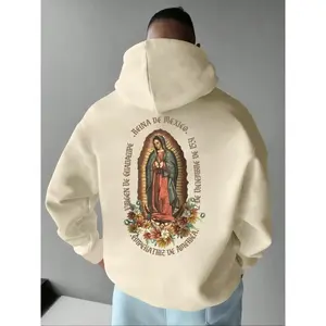 Men’s off-shoulder warm lined hooded sweatshirt with floral, Virgin Mary, and lettering prints; regular-fit casual drawstring-hooded sweatshirt with pockets, suitable for daily outdoor wear during vacations; autumn and winter menswear GARMENTARY
