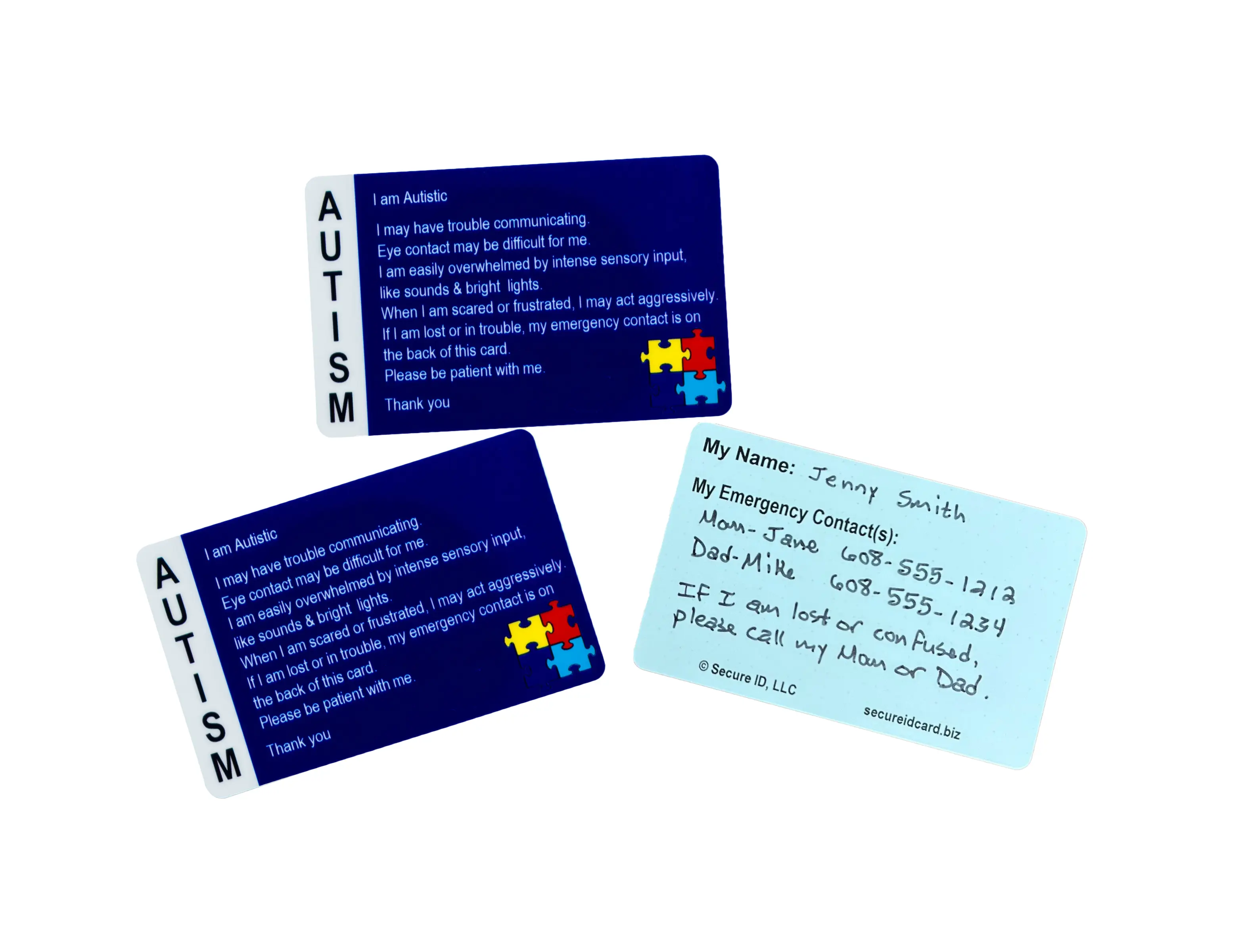 Write on Autism Awareness Card with Personal Statement, "I May Have Trouble Communicating," and Emergency Contact Information