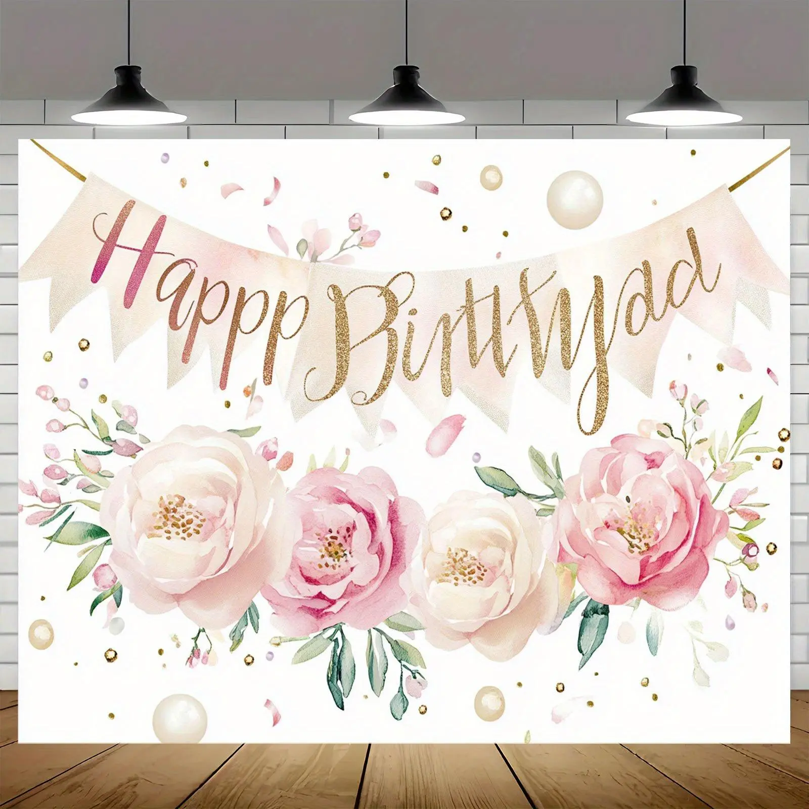 1pc Feminine Adult Pastel Happy Birthday Backdrop Banner - Elegant Floral Design with Pink-White Roses, Flowers, Golden Glittery Text, Hangable All-Seasons Party Decor for Indoor Celebrations, Artist-Themed Photography Prop