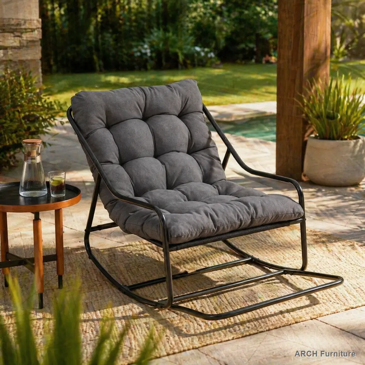 ARCH Armless Outdoor Durable Rocking Chair with Soft Thick Cushion - Black Frame, Grey Cushion - Patio Furniture for Living Room, Reading Room, Armless Chairs, Durable Rocking Chairs