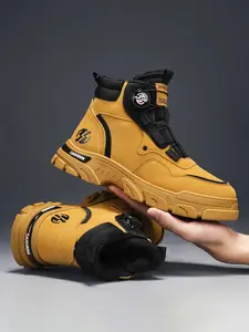 Men's Fall Winter New Colorblock Leather Rotating Buckle Fleece Lined Work Outdoor Anti-Slip Thick Sole High Top Casual Boots