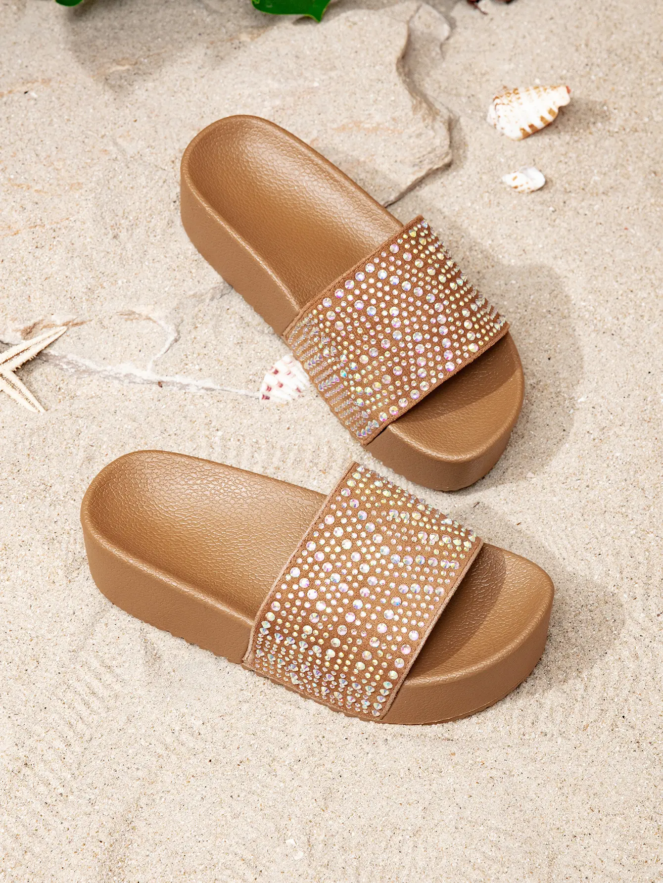 Women's Glamorous Platform Slides with Sparkly Pavé Rhinestones, Soft Cushioned Thick Sole, Non-Slip Summer Slippers, Thick Sole Slippers, Soft Cushioned Slippers