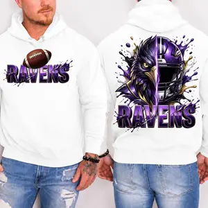 Ferocious Crows Football 2 Sided Hoodie, Ravens Football Player Sweatshirt, Sports Apparel, Purple & Black Helmet Pullover Classic T-shirt, Graphic Printed Streetwear Top, 100% Classic Cotton, Gift For Fans
