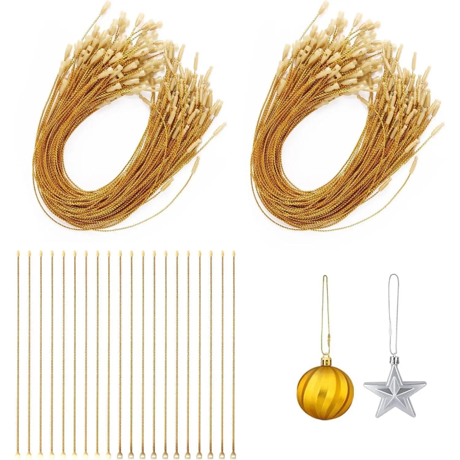 Christmas Ornament String Hangers, 200 Pcs Christmas Tree Ornament String Hooks Precut Ornament Ribbon Hangers Locking Ropes for Halloween Christmas Decorations - Gold