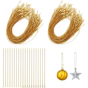 Christmas Ornament String Hangers, 200 Pcs Precut Ornament Ribbon Hangers Locking Ropes Christmas Tree Ornament Hooks for Halloween Christmas Decorations - Gold