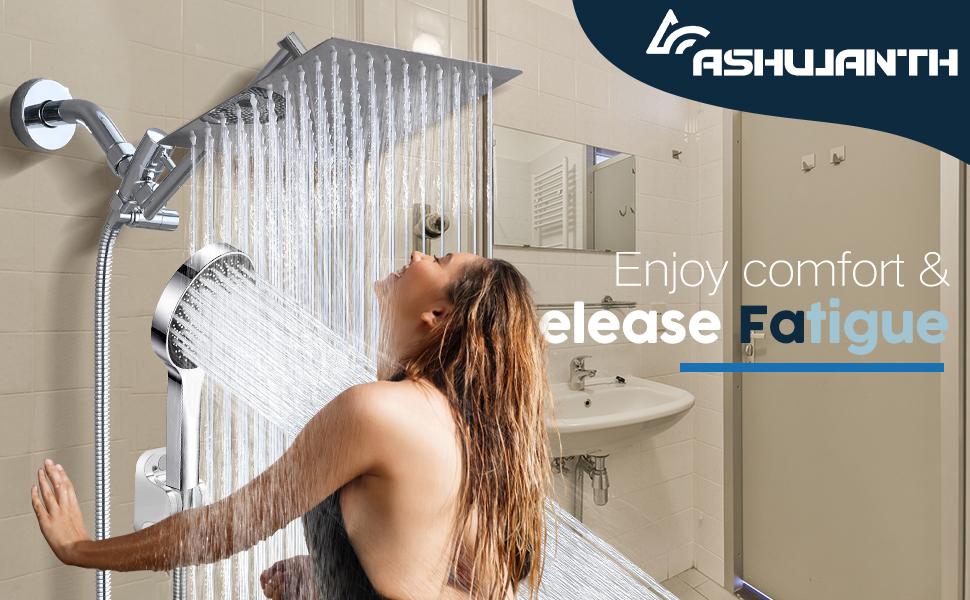 Shower Head,8”Rain Shower Head with Handheld Spray Combo with 11'' Angle Adjustable Extension Arm/Flow Regulator/Shower System,High Pressure Rainfall Shower Head Bathroom,Chrome