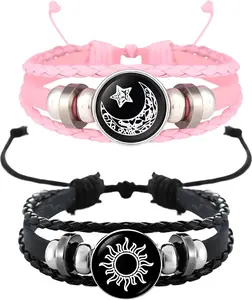 Matching Sun & Moon Couple Bracelets – Adjustable Braided Leather Bracelet Set for Couples, Long Distance Relationship Jewelry with Black Sun & Pink Moon Charms, Romantic Anniversary & Valentine’s Day Gift