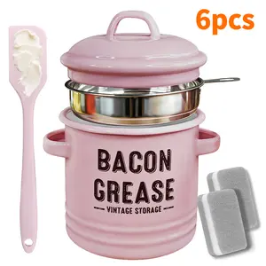 Bacon Grease Container with Strainer & Food-Grade Silicone Spatula, 46oz Large Enamel Rustic Farmhouse Fat Container, Keeper, Dishwasher Safe,Dishwasher Safe Filter Kitchen Utensils fine mesh strainer-Enamel Bacon Grease Container with Strainer