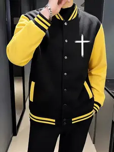 Men's Christian Cross Print Baseball Jacket, Faith Inspired Varsity Jacket, Block, Casual Streetwear for Men