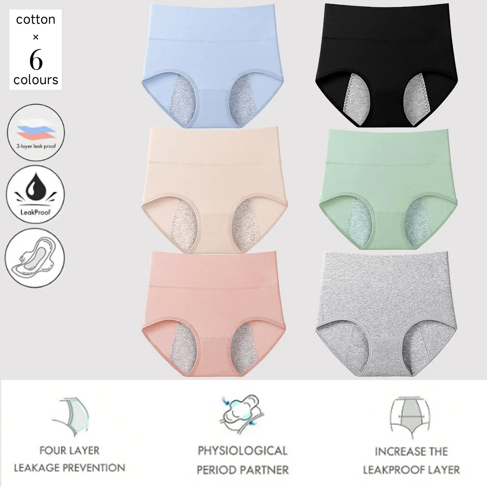 6 Pack Women's Menstrual Underwear, Leak-Proof Protective Incontinence Panties, Soft Breathable Cotton High Waist Briefs with Abdomen Support, Minimalist Basic Daily Wear Underwear, Size M-XXL