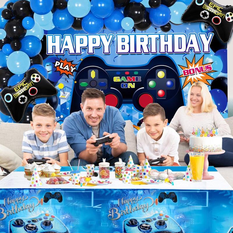 Video Game Birthday Decorations Set with Happy Birthday Backdrop Gaming Table Covers Blue Black Balloons Gamer Party Supplies for Boys