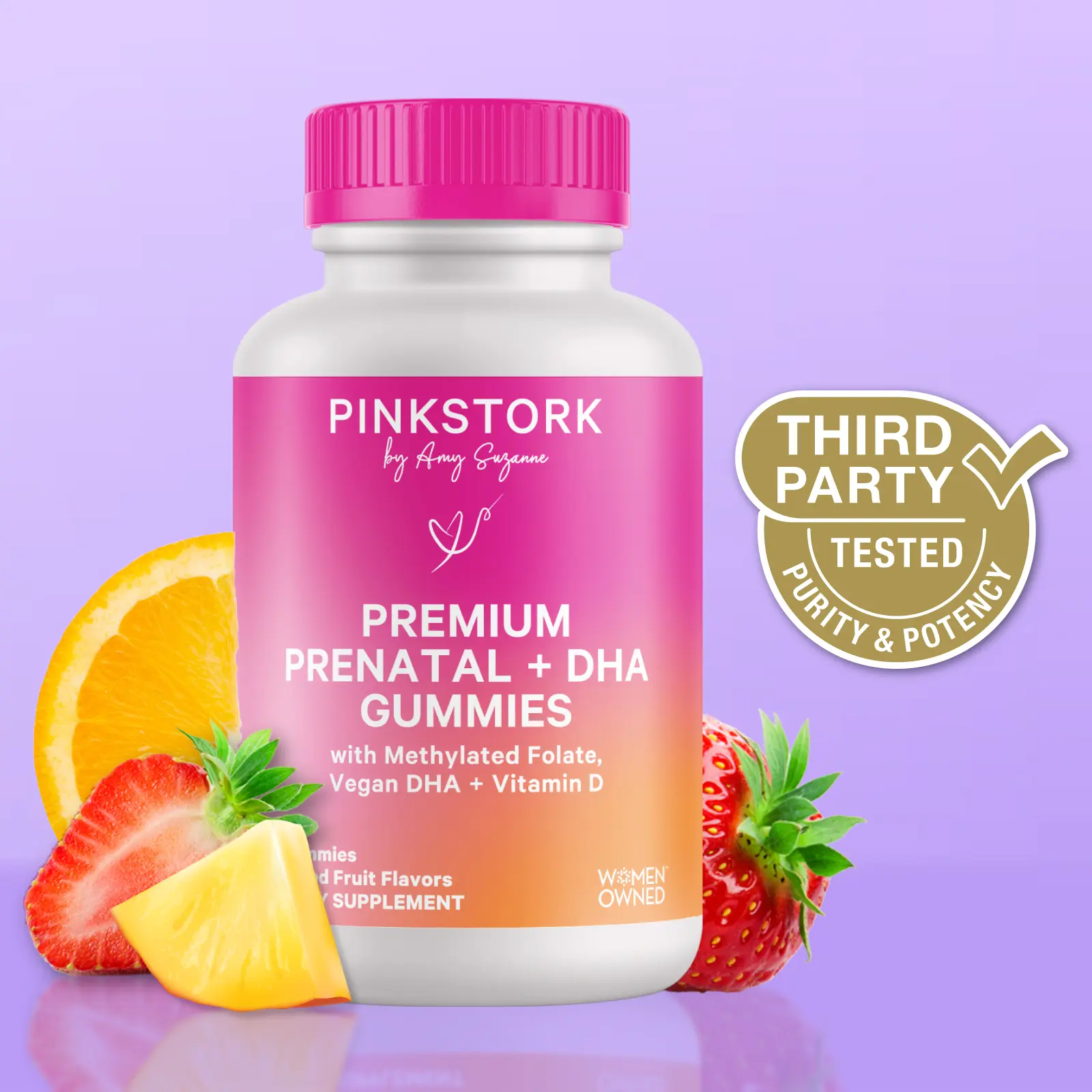 Pink Stork Premium Prenatal Gummy Vitamins for Women - 1 Month Supply with Methylated Folate and Vegan DHA, 60 Gummies, Assorted Fruit Flavors, Plant Based Supplement