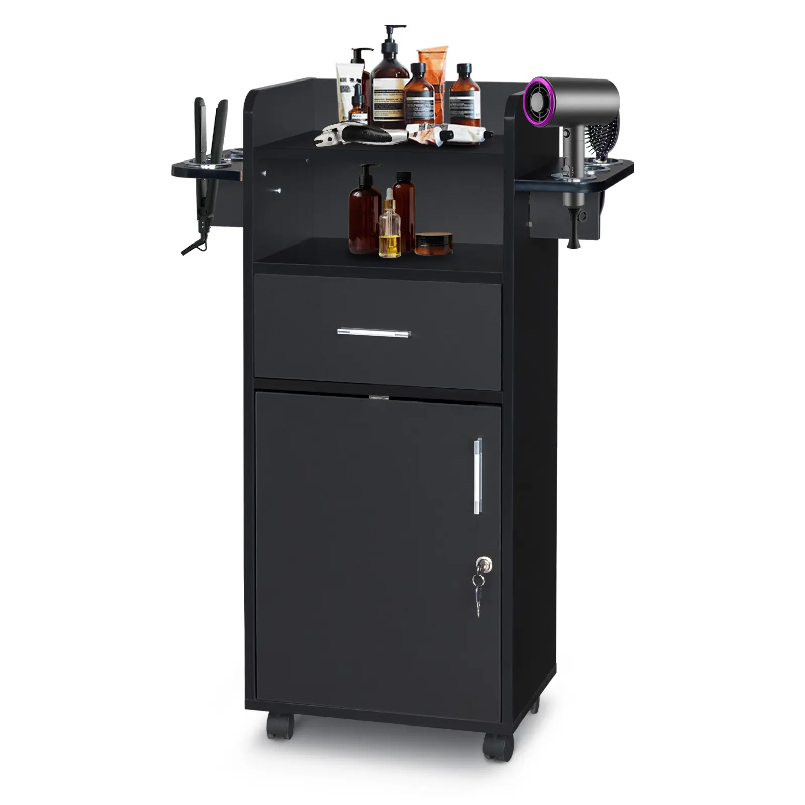 Black Modern Sturdy Commercial Salon Rolling Trolley Cart - 1*Salon Trolley Cart, Rolling Manicure Table, Salon Styling Tool Storage Organizer, Smooth Rubber 360° Wheels, Stable Particle Board Cabinet, 6 Tool Racks, 1 Lockable Base Drawer Makeup Vanity