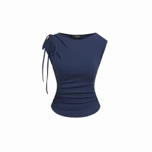 Cider Asymmetrical Neck Bowknot Cinched Waist Ruched Tee