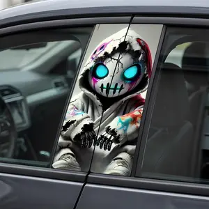 Car B-pillar Sticker 2 PCS Vinyl Personalized Creative Window Hooded Design with Glowing Eyes for Stylish Vehicle Decoration