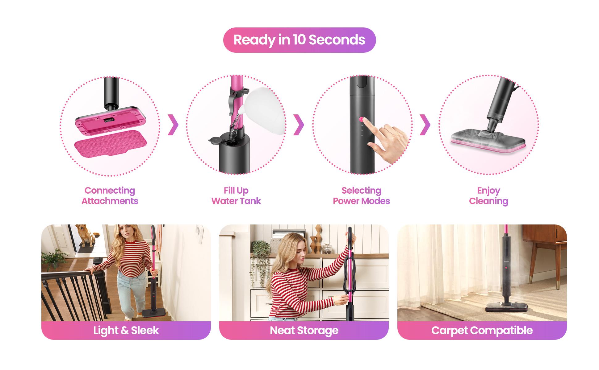 Schenley Pocket Steam Mop Cleaner Powerful Fast Heat-Up Chemical-Free for Hardwood Tile Laminate Floors and Walls Washable Pads 3 Modes for Carpet Lightweight Self-Standing Sleek Design
