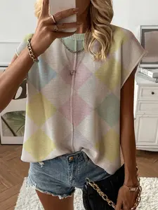 Spring Summer Women's Knit Top, Round Neck Shoulder Straps Loose Fit, Colorblock Plaid Print Short Sleeve, Casual Elegant Commuter Wear Womenswear