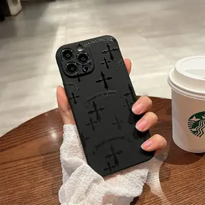 Premium All-Cover Couple Soft Case for iPhone 16/15/14/13/12/11/Pro Max/Pro/Plus Minimalist Shockproof Design Lightweight Flexible TPU Shock-Absorbing Case Elegant Cross-Pattern Black Case Ideal for Gifting