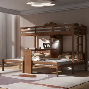 Wooden Triple Bunk Bed Twin over Twin&Twin Bunk Bed with Built-in Desk and Storage Shelves, Reading Lamp,3 Beds in 1 Design, for Kids Teens Adults