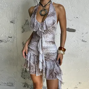 XY24633MHO-Women's Mesh Ruffle Halter Mini Dress, Floral Printed V-neck Backless Short Sun Dress for Beach Vacation & Music Festivals, Elegant Sleeveless Lace-up Form-fitting Party Dress for Summer Holiday, Tropical Cruise & Destination Wedding Guest
