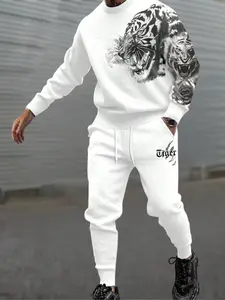 2 Piece Set Men's Outfits Tiger Graphic Print Long Sleeve Crew Sweatshirt and Drawstring and Pocket Waist Sweatpants Sets