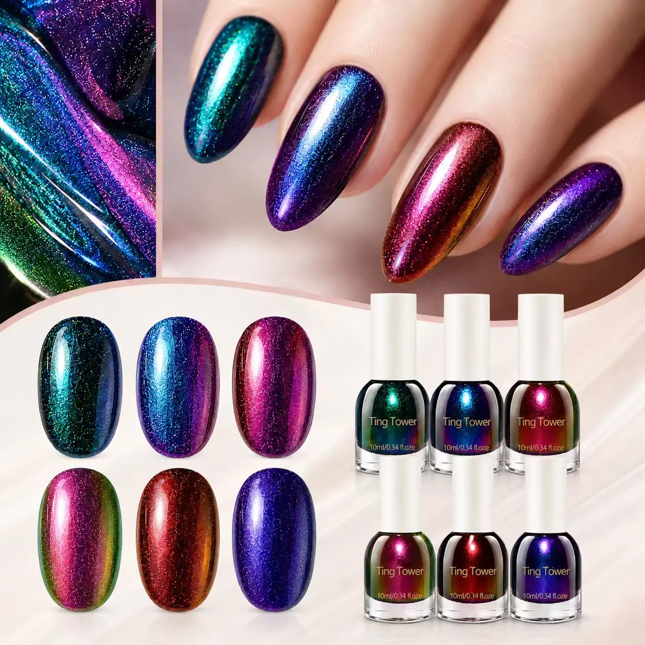 Starry Night Chameleon Nail Polish Set, 6 Bottles Multi-Color Polarized Glitter Galactic Shine High Gloss DIY Manicure Art # trendy color