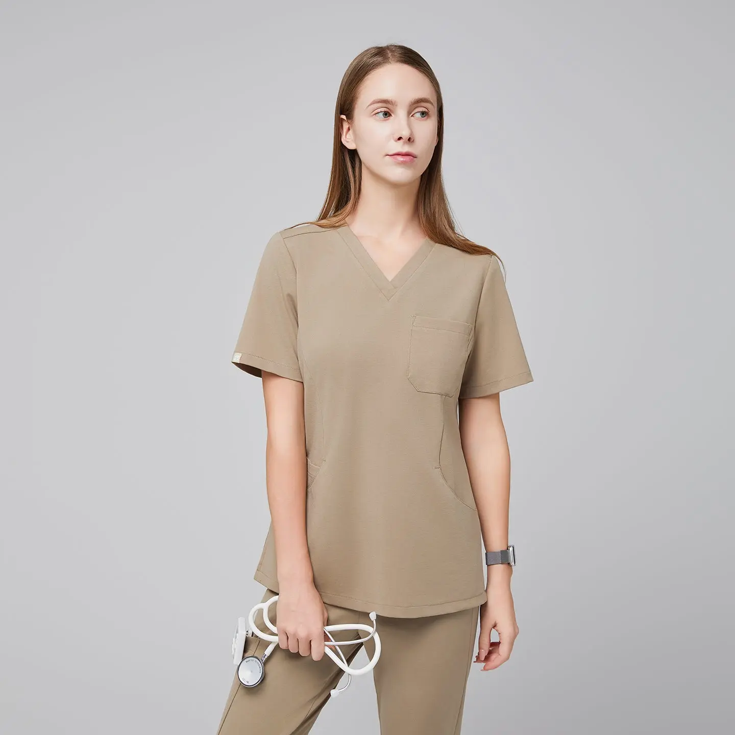 Zenir | Women's Soft Stretch Scrub Top - Sand Beige