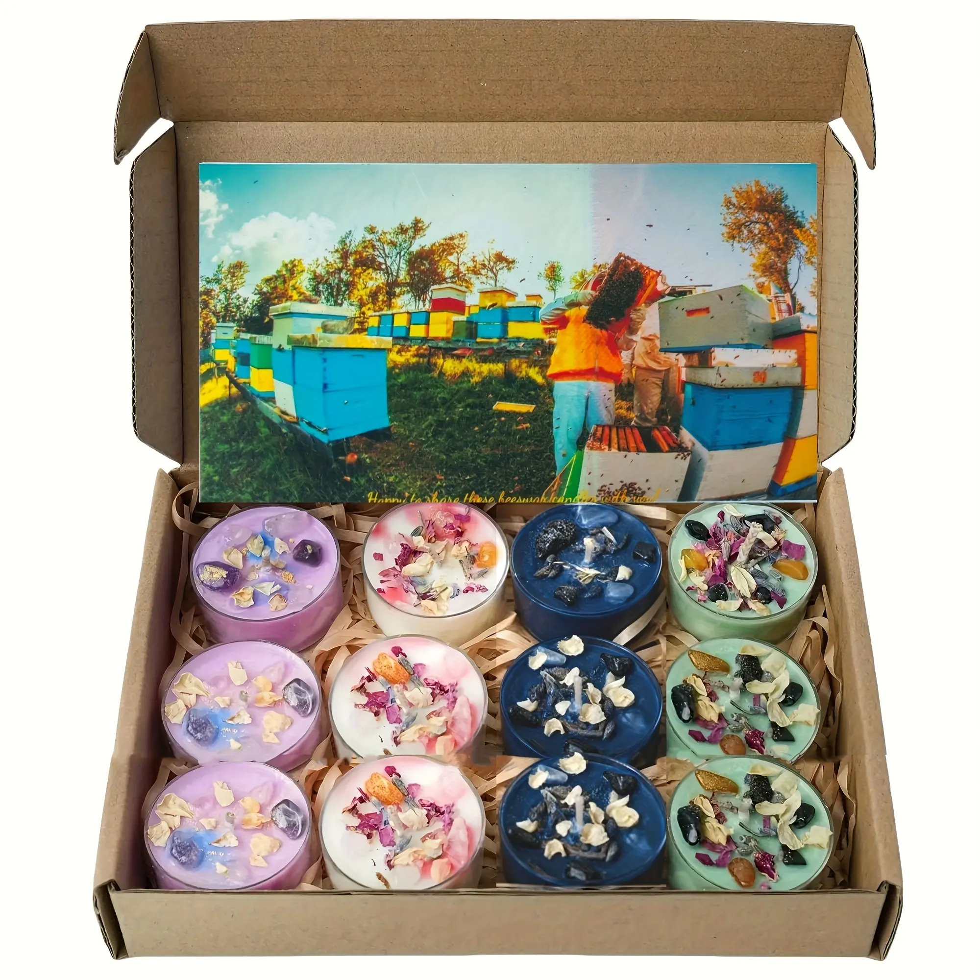 12-Piece Natural Soy Wax Tea Candle Set - 4 Mixed Scents, Hand-Decorated with Embedded Crystals & Dried Flowers, Household Wick Lights, Wedding Ornaments, Ideal Gift for Candle Lovers