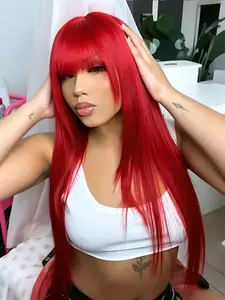 Red Wig with Bangs Pre-Cut Bangs Heat-Resistant Synthetic Wig Straigh Wig Glueless Beginner Friendly Party Cosplay 24 Inch
