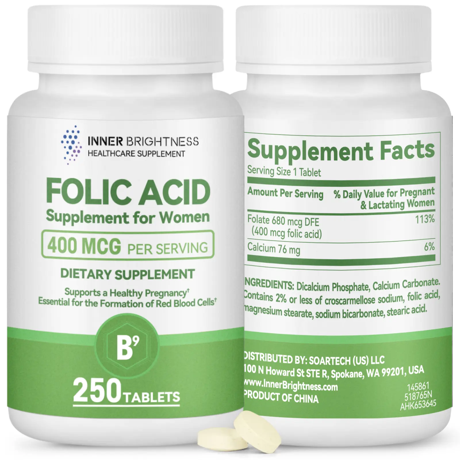 Folic Acid 400 mcg with Calcium – Inner Brightness Women’s Daily Supplement for Prenatal & Heart Health – 250 Tablets – Non-GMO, Gluten-Free