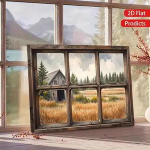 2D Flat, 1 unique canvas painting, solid wood frame, seasonal decoration Rustic Farmhouse Window View Art Print for Home Decor Vintage Countryside SceneVery suitable for home decoration, living room or bedroom and other party decorations, holiday	