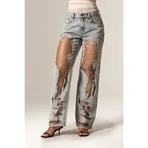 Tula Sheer Panel Wide-Leg Jeans - Antique Wash | High Waist Denim Jeans - Women's Stylish Pant for Outdoor,Party & Streetwear - Bold Womenswear Fashion
