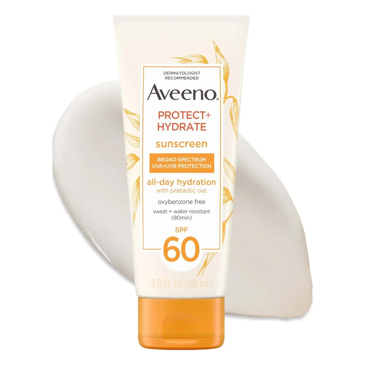 Aveeno Protect + Hydrate Broad Spectrum SPF 60 Sunscreen Lotion for Sensitive Skin, Prebiotic Oat Infused for Body & Face, Paraben-Free, Oil-Free, 80-Min Water & Sweat Resistant, 3 Fl Oz