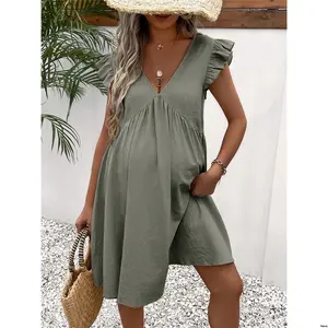 Ruffle tiktok Maternity Solid Trim Smock Dress