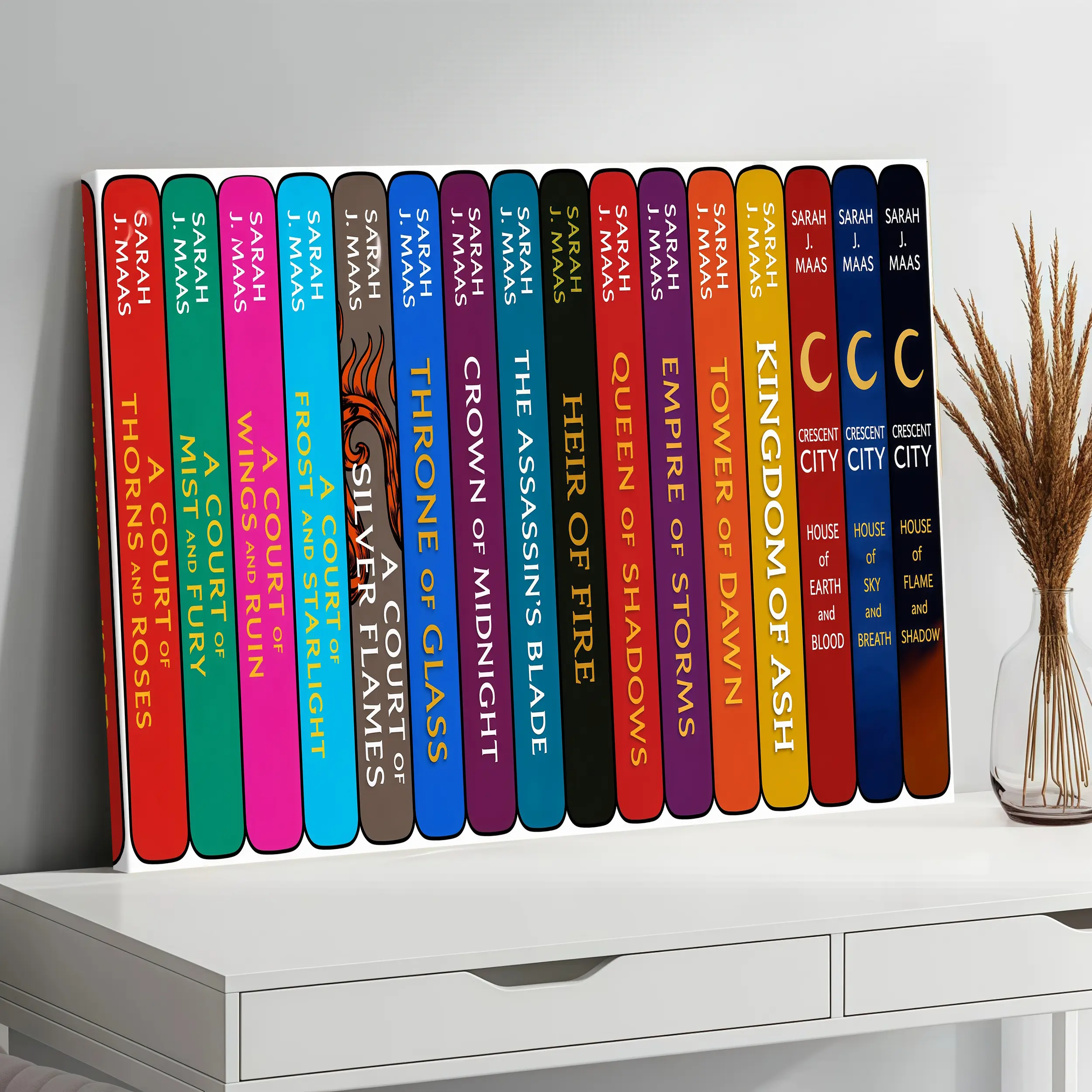 Sarah J Maas Book Stack Canvas Poster  ACOTAR Throne of Glass Crescent City Print, Book Aesthetic Wall Art for Home Library Reading Room, Perfect Gift for Book Lovers & Bookworms