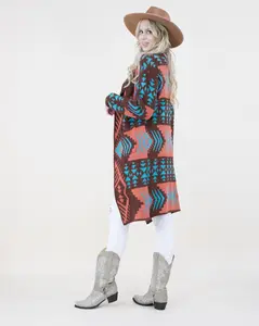 Tribal Southwestern Longline Open Front Cardigan with Pockets in Beige Black & Rust Turquoise for Casual Days & Western Boho Chic