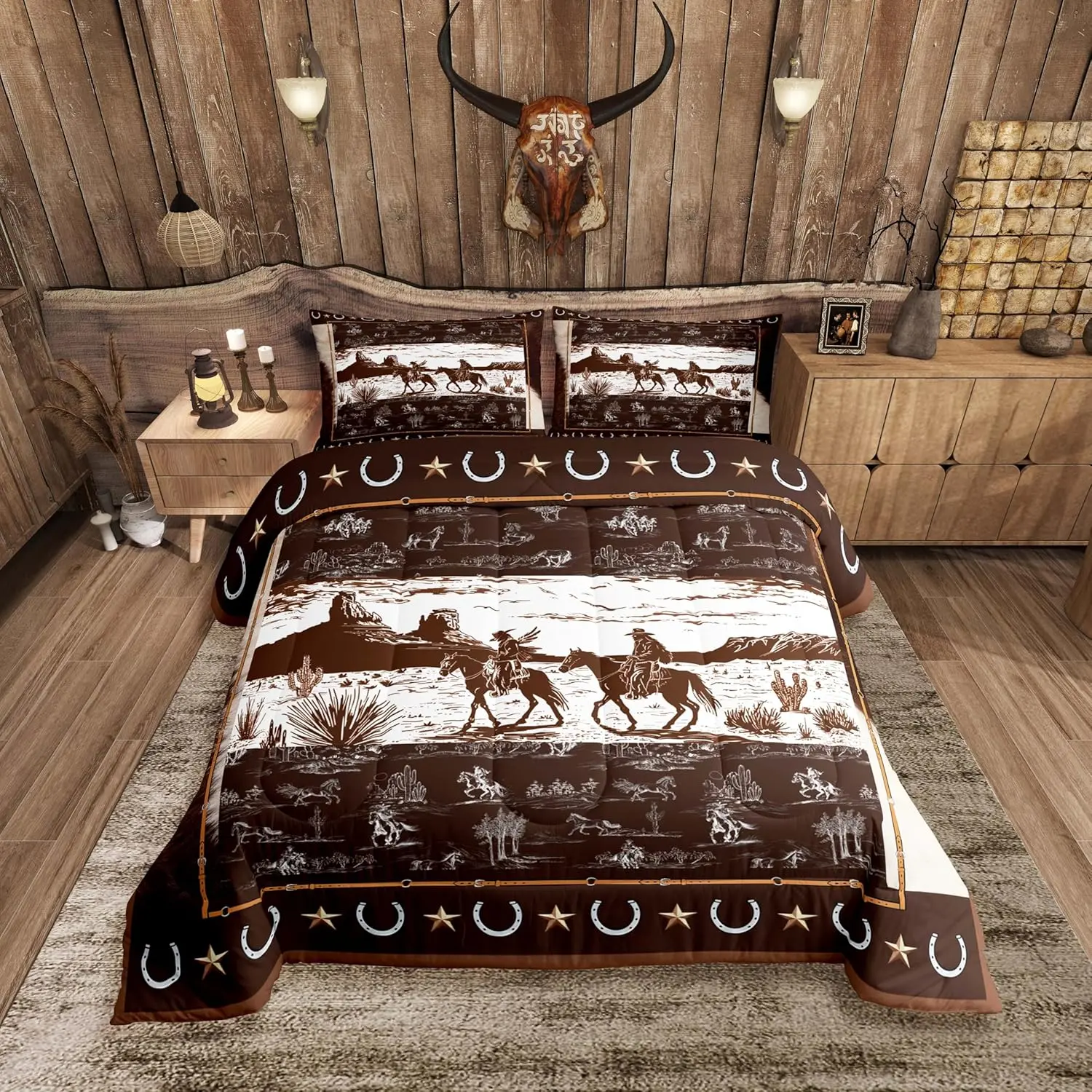 Feelyou Queen Breathable Microfiber Duvet Set - Rustic Western Horse Cowboy Themed Luxury Bedding Set, Brown & White for Country Wild West Bedroom Decor, Breathable Duvet Set, Microfiber Bedding Set