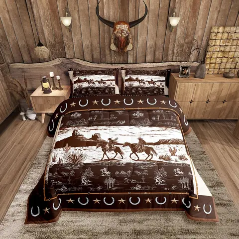 Feelyou Queen Size Duvet Cover Set - Gentle Breathable Microfiber Fabric, Brown & White Horse Cowboy Animal-Inspired Design, Country Rustic Wild West Vibe, Decorative Design Country-Themed Duvets & Sets, Machine Washable Sohochic Brown Bedding