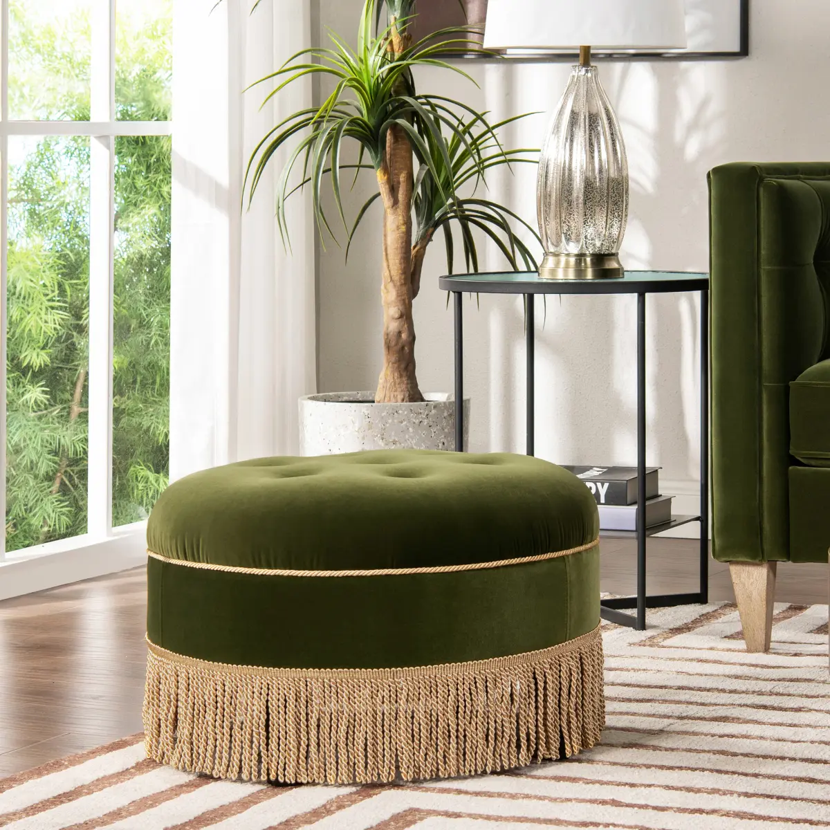 Yolanda Round Upholstered Accent Ottoman Stool - 24" Round Shape Indoor Furniture, Olive Green Performance Velvet Fabric, 11-Layer Plywood, Flame Retardant, Hand-Built Craft, Vintage Tassels, Foam Cushioned, 11 lbs, 24x24x16 in