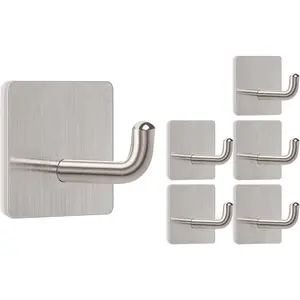 Livabber Adhesive Towel Hooks, 304 Stainless Steel Self Sticky Wall Hooks Waterproof Shower Hooks for Robe/Clothes, No Drilling Towel Hangers for Bathroom Kitchen Bedroom (Brushed Nickel, 6 Packs)