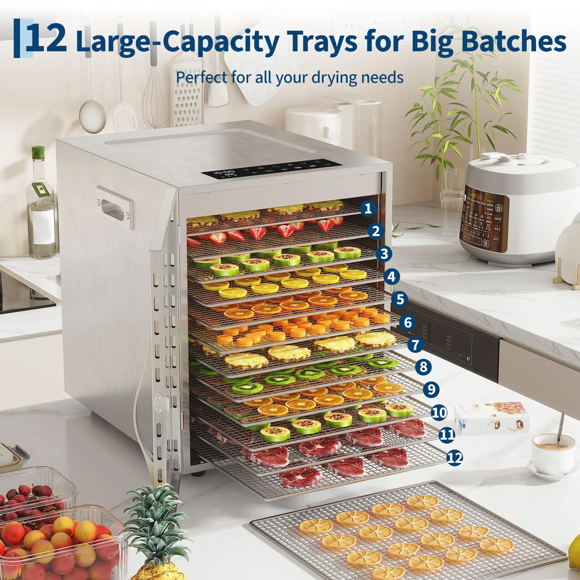 Commercial 12-Tray Stainless Steel Food Dehydrator, 820W Large Capacity Jerky Maker Machine for Meat, Fruit, Herbs and Dog Treats, Smart Touch Control Panel with 24-Hour Timer & Temperature Setting, Premium Metal Dryer for Home Kitchen, Recipes Included
