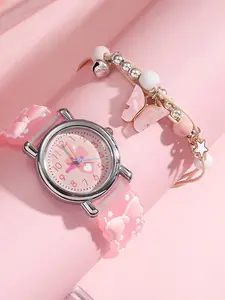 Cute Round Dial Quartz Analog Watch & Bracelet Set, Fashionable Silicone Strap Watch & Bracelet for Girls, Trendy All-match & Exquisite Jewelry Set for Birthday Gift, Casual Trendy Wristwatch, Exquisite Band Watch