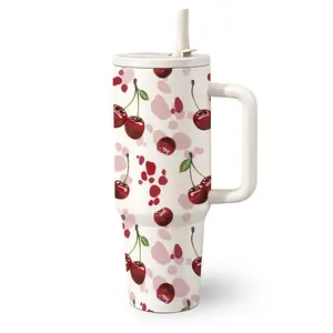 1 Pc 40 Oz Stainless Steel Water Cup with Handle and Straw, Red Cherry Splash Art Design, Double Wall Insulated Thermal Mug, Flasks, Hot 12H/ Cold 24H, Fun Drinkware, Perfect Mother’s Day, Birthday and Holiday Gift for Friends and Family.