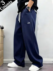 Men’s Aesthetic High-Waisted Drawstring Loose Wide-Leg Trousers - Basic Menswear Elastic Breathable Fabric Casual Sweatpants with Exposed Seams, Side Decorations, Elegant American Style, Regular Length, for Everyday Wear, Commuting